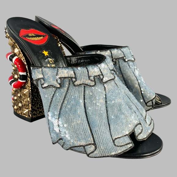 GUCCI Trompe L'oeil Blue Red Gold Beaded Mules Sandals - Picture 1 of 10